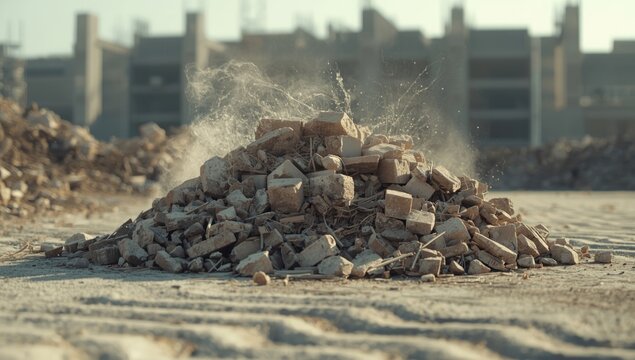 Building debris and discarded bricks at a construction zone, highlighting site maintenance challenges