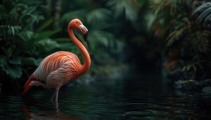 Bright pink flamingo amidst dense greenery in a natural setting, ideal for ecological conservation awareness
