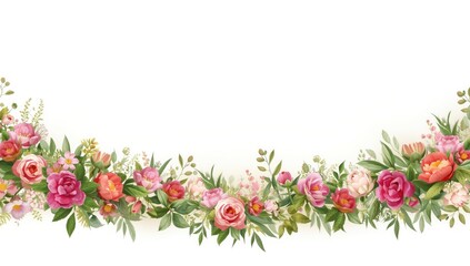 Decorative white banner featuring a vibrant floral border and bright greenery for event signage