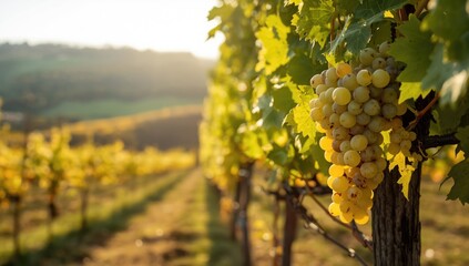 Grapevines with Pinot Gris clusters during autumn, highlighting fruit maturity for wine making, natural setting background