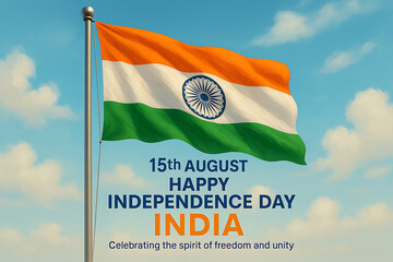 A vibrant indian flag waves proudly against a clear blue sky celebrating independence day joyfully