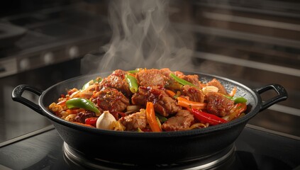 Hot and savory stir-fried meat on a traditional iron skillet, focusing on culinary technique