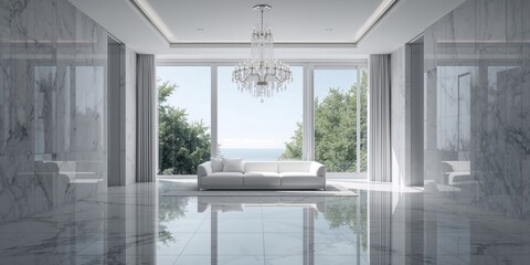 Contemporary white lounge with garden outlook, gray marble surfaces, and elegant glass chandelier, suitable for interior design