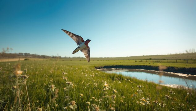 Barn swallow soaring above the grassland, demonstrating natural flight agility for wildlife observation - Powered by Adobe