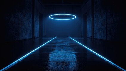 Dark sci-fi hallway featuring circular neon light and ambient illumination, highlighting advanced architecture