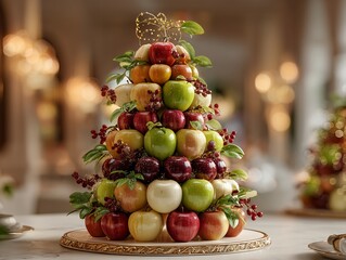 Creative Christmas tree tower made of various fresh apples as a luxury food art centerpiece for festive gourmet celebration and elegant holiday banquet decoration