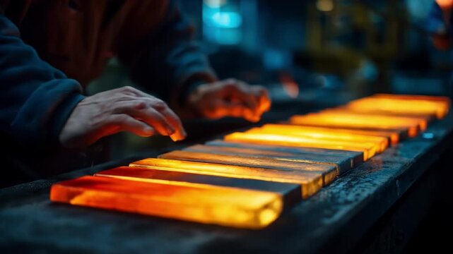 Technician performs manual inspection of ingot surface carefully examining for defects using tactile and visual assessment under workshop lighting.