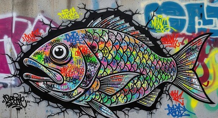Colorful street art depicts a fish breaking through a cracked wall surface