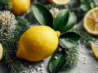 Creative festive lemon fruit composition on evergreen pine branches with winter holiday decoration and organic botanical background