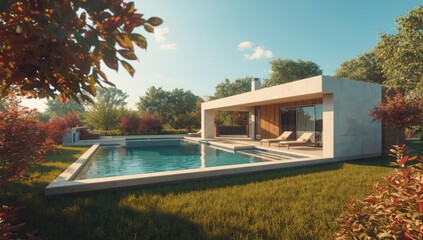 Contemporary home with an outdoor pool and patio setup, suited for leisure activities