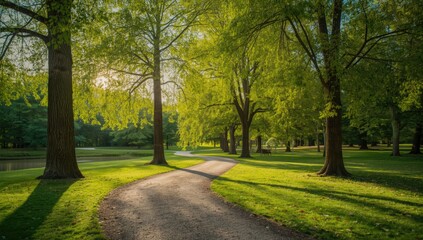 Fototapeta premium Tree-lined park walking trail used for recreation and exercise, Earth Day