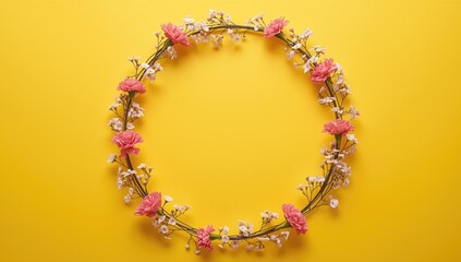 Obraz premium Round floral frame featuring colorful carnations and gypsophila set against a yellow background, suitable for wedding invitations or greeting cards