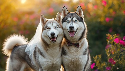 Obraz premium Pair of Siberian husky dogs showcasing heterochromia, used as a background for text or design elements