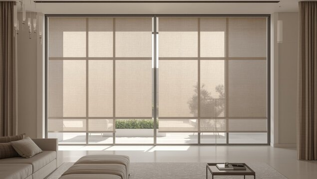 Interior featuring roller blinds and electric curtains on large windows, contemporary glass wall with pastel tones, smart home automation system