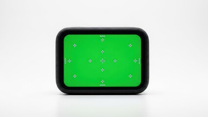Black rectangular device with a vibrant green screen and tracking markers