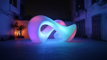 Glowing element sculpture with colorful illumination at night in urban setting with modern architecture and plants