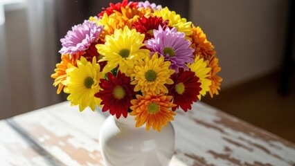 Bouquet of bright daisies in a white vase, resting on a distressed table