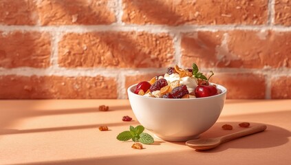 Overnight oats with yogurt, cherries, raisins, and coconut chips, health-conscious diet choice, bright brick wall backdrop