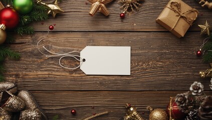 Empty price tag on a wooden surface with Christmas ornaments, suitable for retail or holiday marketing