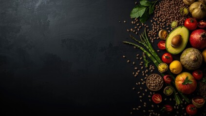 Colorful produce and seeds displayed on a dark surface natural food presentation