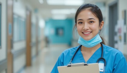 Smiling asian female nurse in blue scrubs with stethoscope in hospital hallway