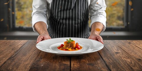 A chef arranges a 3D culinary creation on a white plate, artistic presentation in a clean kitchen setting
