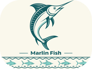 Stylized illustration of a marlin fish with decorative elements and text marine