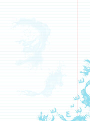 A striped notebook page with subtle watercolor splashes of water along the edges.