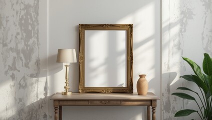 Decorative vintage wood frame with gold detailing complements a retro style interior, wall-mounted artwork and textured surfaces, ideal for art display backdrops