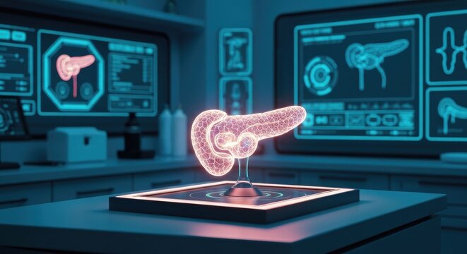 Futuristic lab interior with a glowing digital pancreas model displayed - Powered by Adobe