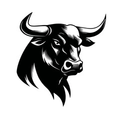 Bold monochrome illustration of a bull head with curving horns