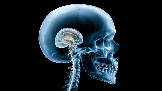 X-ray image of human head with small brain - symbol of memory loss, low intelligence