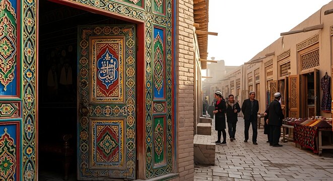 Vibrant Ornate Doorway in Kashgar Old City with People Walking Down a Cobblestone Alley.