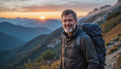 Smiling man hiking on a mountain path during a beautiful sunset