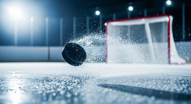 Intense close-up shot captures a frozen hockey puck soaring just above the ice surface leaving a dramatic spray of snow and ice fragments with a blurred goal net visible in the background under bright