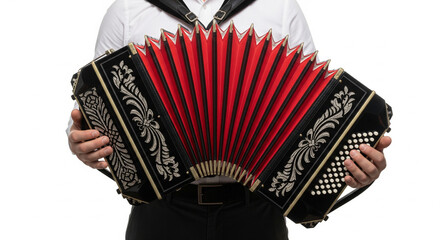 Musician holding a beautifully decorated black and red diatonic button accordion instrument with elaborate silver scrollwork against a clean white background ready for performance or recording