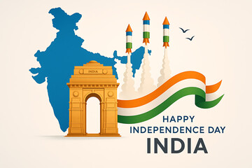 India independence day illustration featuring india gate rockets and the indian flag with a map