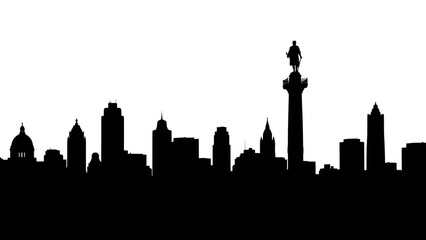 City skyline silhouette; buildings, dome, tower, statue against white backdrop