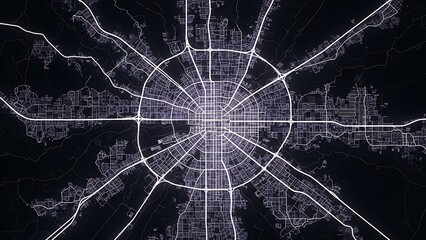 Abstract Aerial View of a City's Radial Road Network on a Dark Background