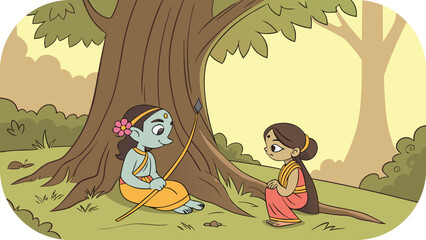 Two Children, One with Blue Skin and Bow, Sitting Under a Large Tree girl