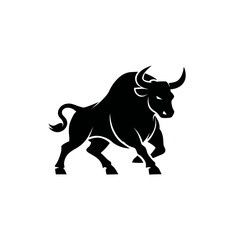 Bold silhouette of a powerful bull with horns on a white background