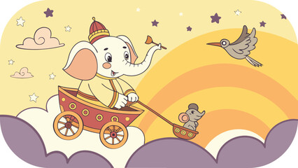 Whimsical Cartoon Elephant Pulling a Cart with a Mouse in a Dreamy Sky fantasy