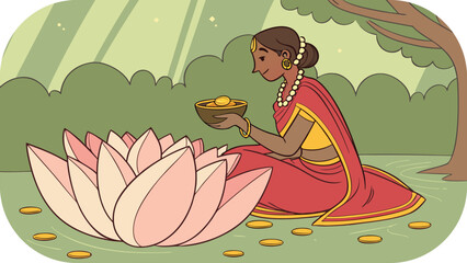 Woman in Traditional Indian Attire Holding Bowl of Gold Coins by Lotus Indian woman sari