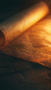 A rolled up piece of paper sits on a table, ready for use or storage