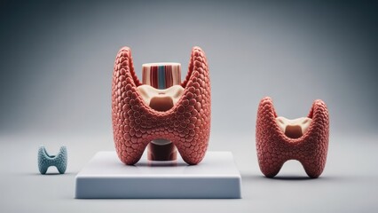 Medical anatomical models of the thyroid gland, ranging in size, against a neutral backdrop