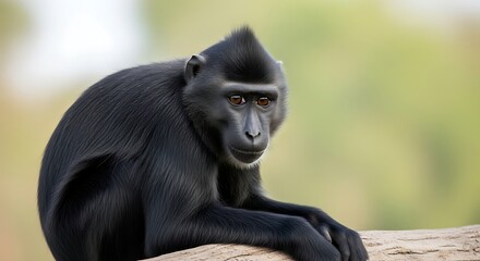 Close-up of a Black Macaque Monkey Looking Directly at the Camera with a Blurry Green Background.