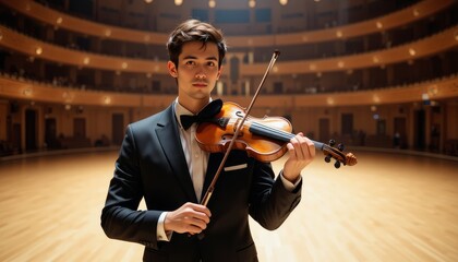 Elegant classical musician plays violin with passion in famous performance venue