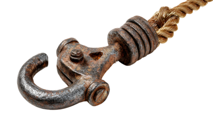 Ornate ancient bronze hook with chain isolated on transparent background