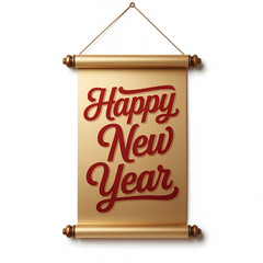 Happy New Year Celebration Background with Red and Gold Balloons Bright Fireworks Confetti Isolated on White Background