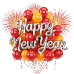 Happy New Year Celebration Background with Red and Gold Balloons Bright Fireworks Confetti Isolated on White Background